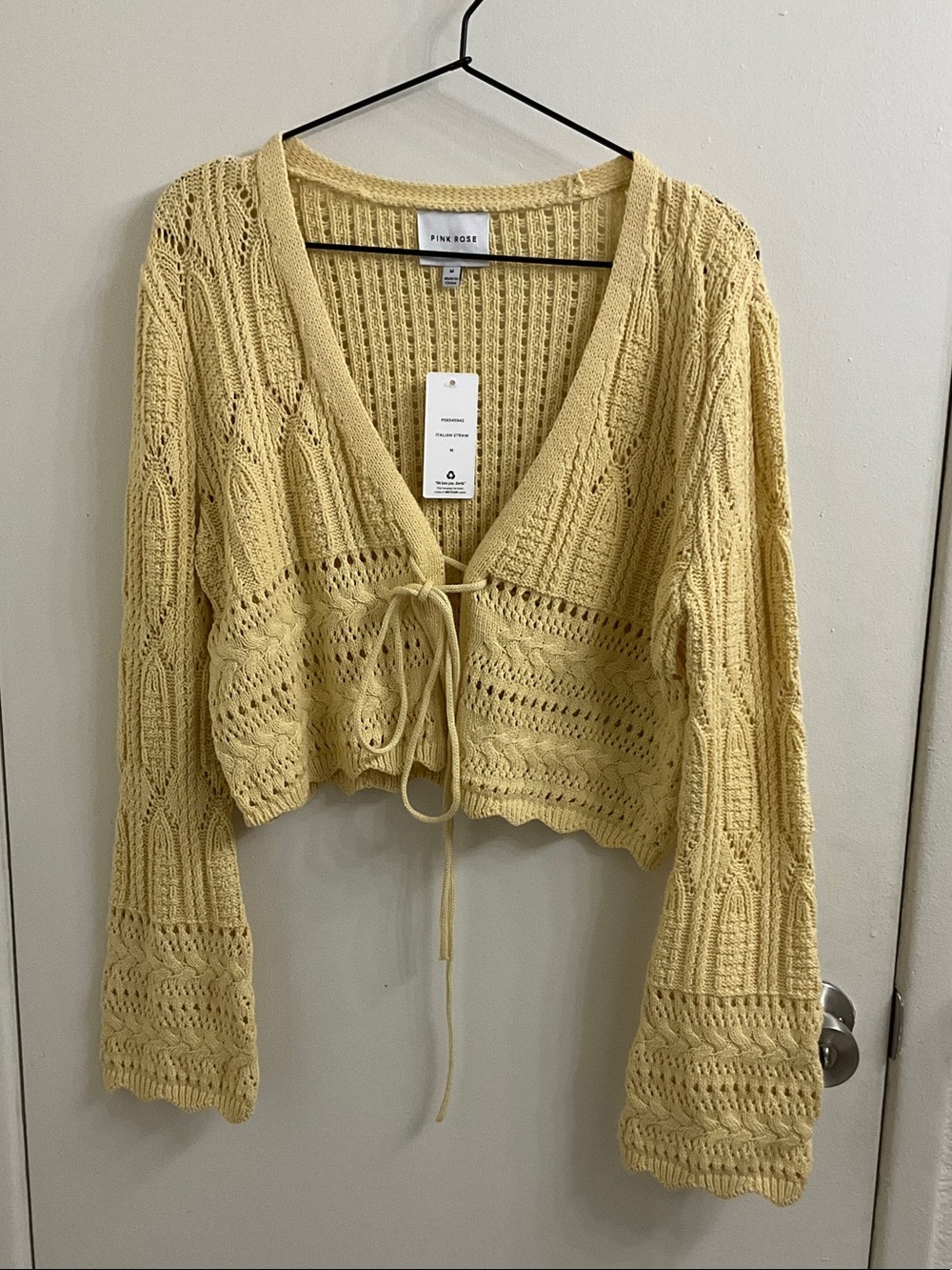 Pink Rose Pale Yellow Crochet Tie-Front Cardigan